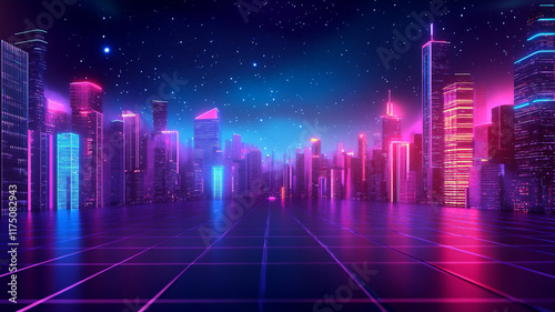  Dark urban setting with neon lights against a night sky 