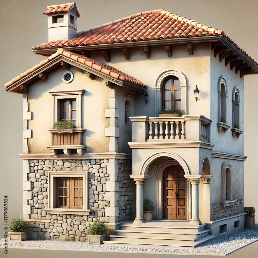 Obraz premium Illustration of a two-story stone house