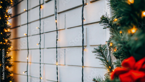 Festive Christmas lights and greenery on white brick wall