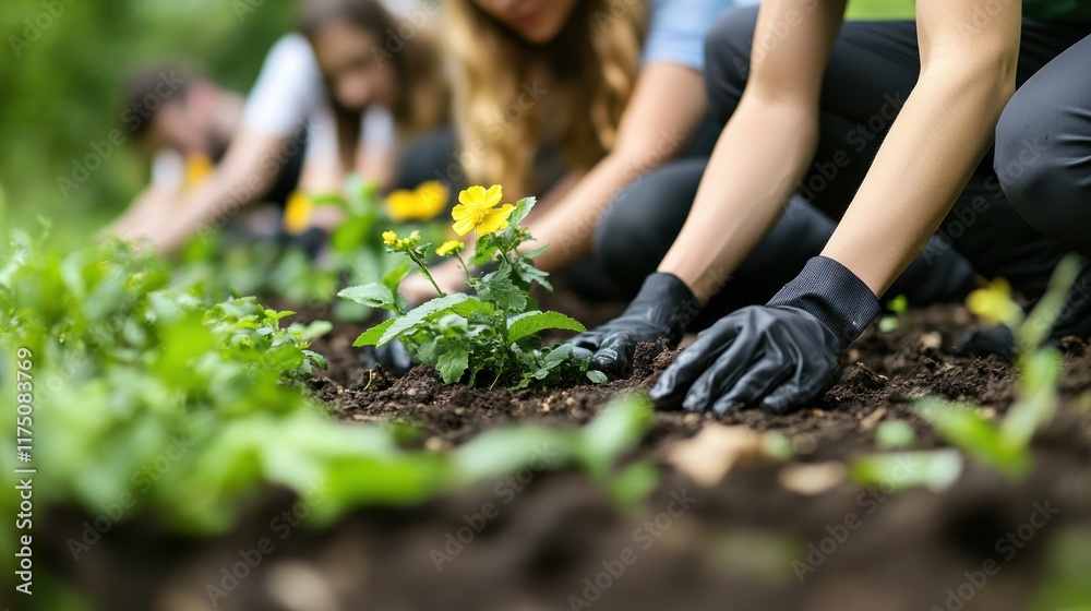 Group of people gardening, planting flowers and vegetables in rich soil. Group of people gardening, planting flowers and vegetables in rich soil.