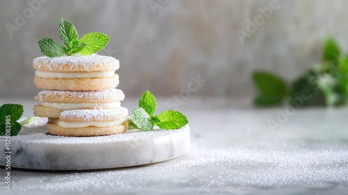 Delicious Mint Cream Sandwich Cookies on a Marble Board photo