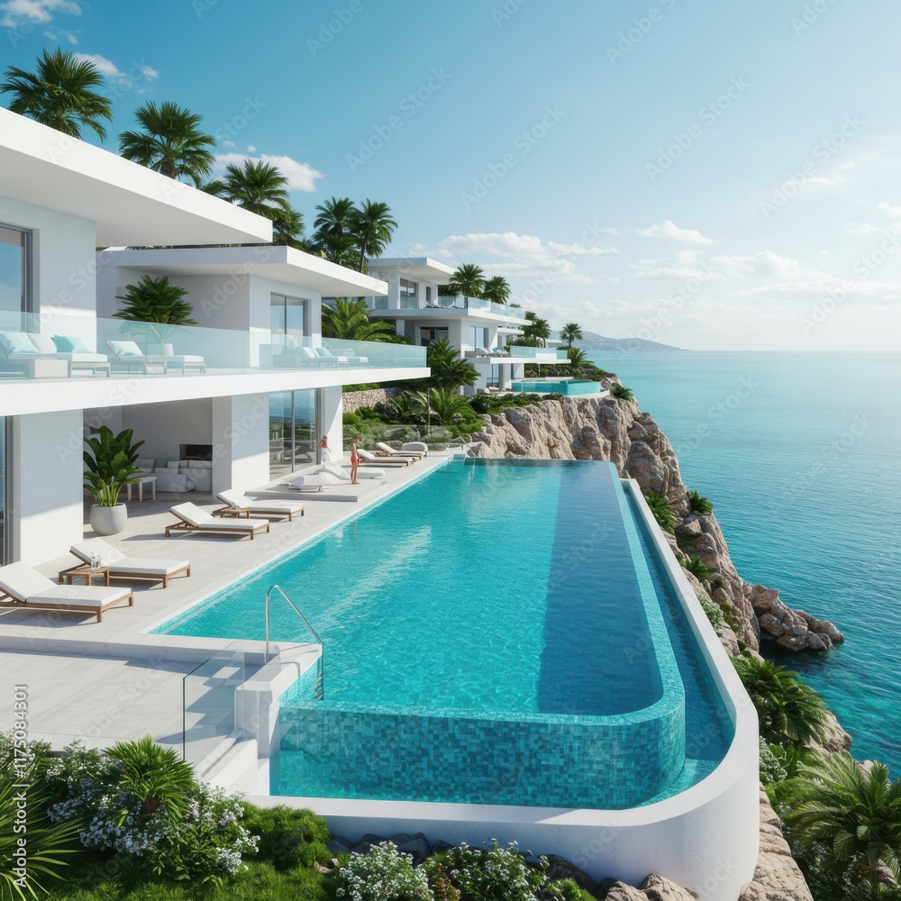 Fototapeta premium Luxurious cliffside villa, infinity pool, Mediterranean architecture, turquoise ocean view, white modern building, rocky coastline, blue sky, tropical vegetation, sunlit terrace, glass balconies, drea