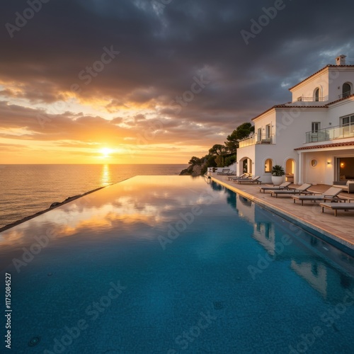 Luxurious coastal villa, infinity pool overlooking ocean, dramatic sunset sky, golden hour light, cliffside property, Mediterranean architecture, panoramic sea view, tranquil reflections, elegant outd photo