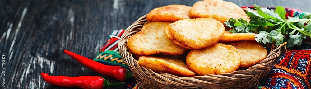 Freshly Fried Authentic Pastry on a Wooden Table with Spices and Herbs Close-Up Freshly Fried Authentic Pastry on a Wooden Table with Spices and Herbs Close-Up