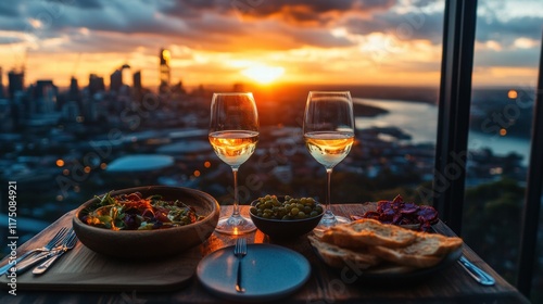 Wallpaper Mural Elegant dining with a stunning sunset view of the city and ocean horizon Torontodigital.ca