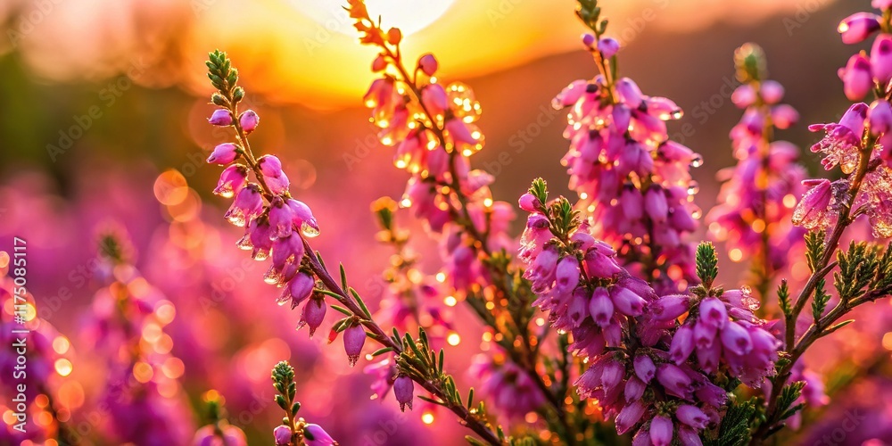 Obraz premium Macro Pink Heather Bloom, Posbank National Park Sunset Dew