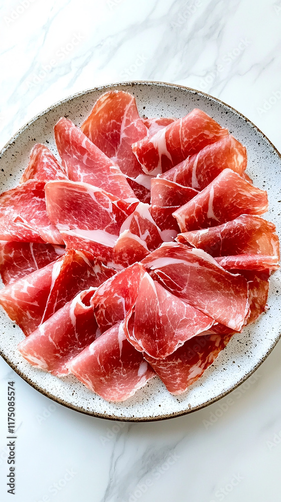 Thin slices of ham neatly arranged on a plate Thin slices of ham neatly arranged on a plate