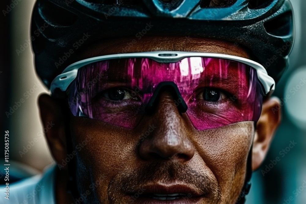 A robust close-up of a male mountain biker sporting sleek cycling gear and reflective sunglasses, exuding an aura of adventure and athletic spirit as he prepares for the ride. A robust close-up of a male mountain biker sporting sleek cycling gear and reflective sunglasses, exuding an aura of adventure and athletic spirit as he prepares for the ride.