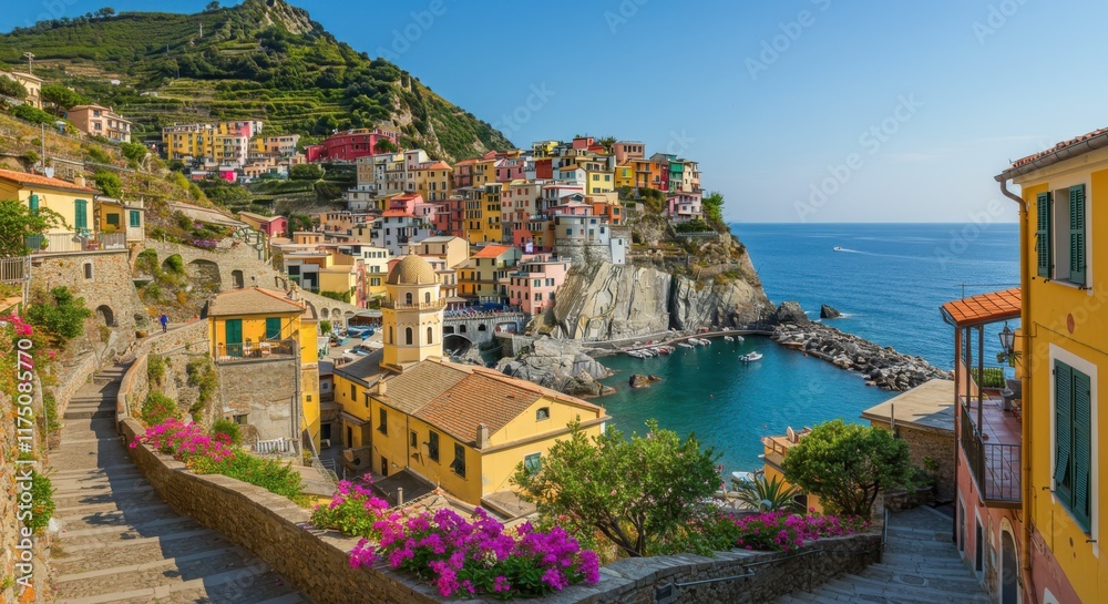 Obraz premium Picturesque Italian coastal village, Colorful hillside houses, Vibrant Mediterranean architecture, Turquoise ocean cove, Small fishing boats, Lush green cliffs, Pink bougainvillea flowers, Winding cob