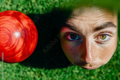 A bold image captures a young male bowler with distinctively different colored eyes, presenting an artistic view of focus and determination in sports. photo