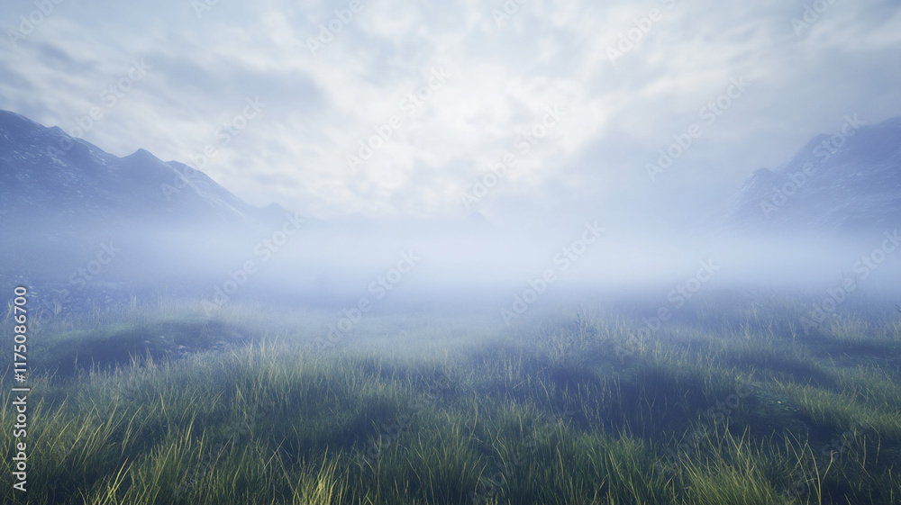 Mystical terrain with misty hills in a dreamy setting Mystical terrain with misty hills in a dreamy setting