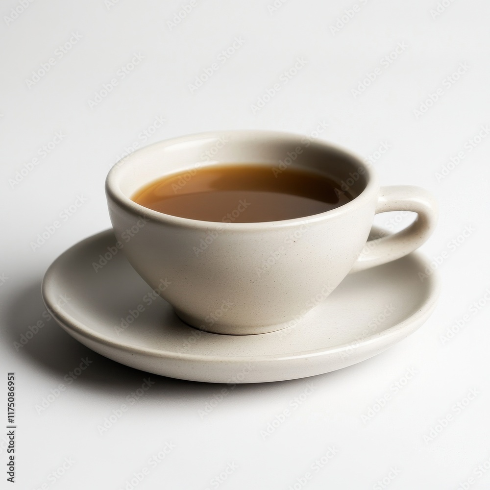 A cup of tea, light brown in color, sits on a saucer on a white background. A cup of tea, light brown in color, sits on a saucer on a white background.