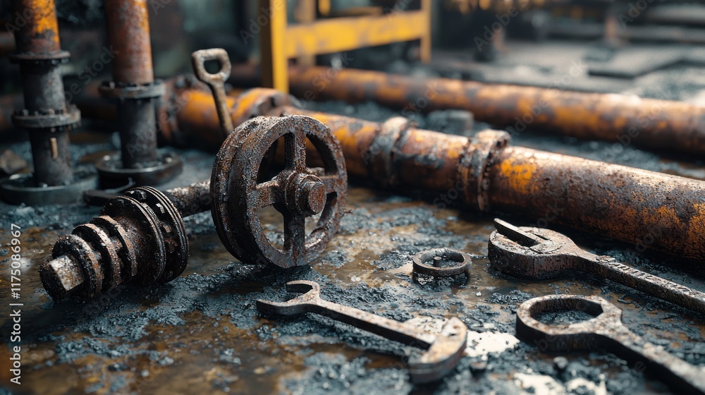 Rusty Industrial Machinery And Tools Scattered On Floor Rusty Industrial Machinery And Tools Scattered On Floor