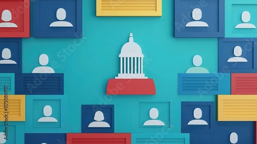 A vibrant illustration featuring a central government dome surrounded by colorful frames with abstract human figures, emphasizing community and governance.