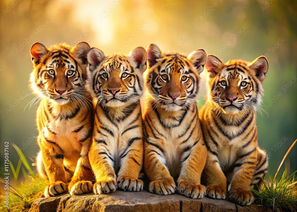 Minimalist Photo: Four Adorable Tiger Cubs, Simple Background