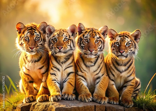 Minimalist Photo: Four Adorable Tiger Cubs, Simple Background