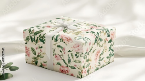 Mockup of a gift box with floral prints placed on a white background with soft lighting