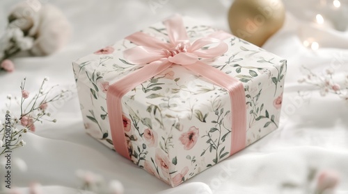 Mockup of a gift box with floral prints placed on a white background with soft lighting