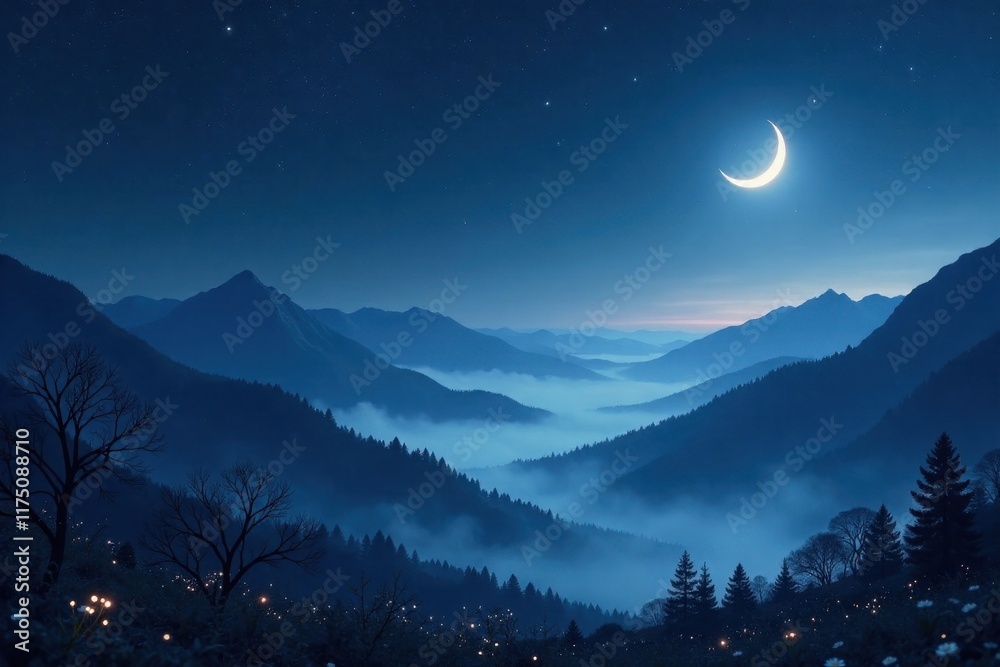 Naklejka premium Serene Nighttime Vista Moonlit Mountains, Misty Valleys, and Glowing Flora Under a Starry Sky