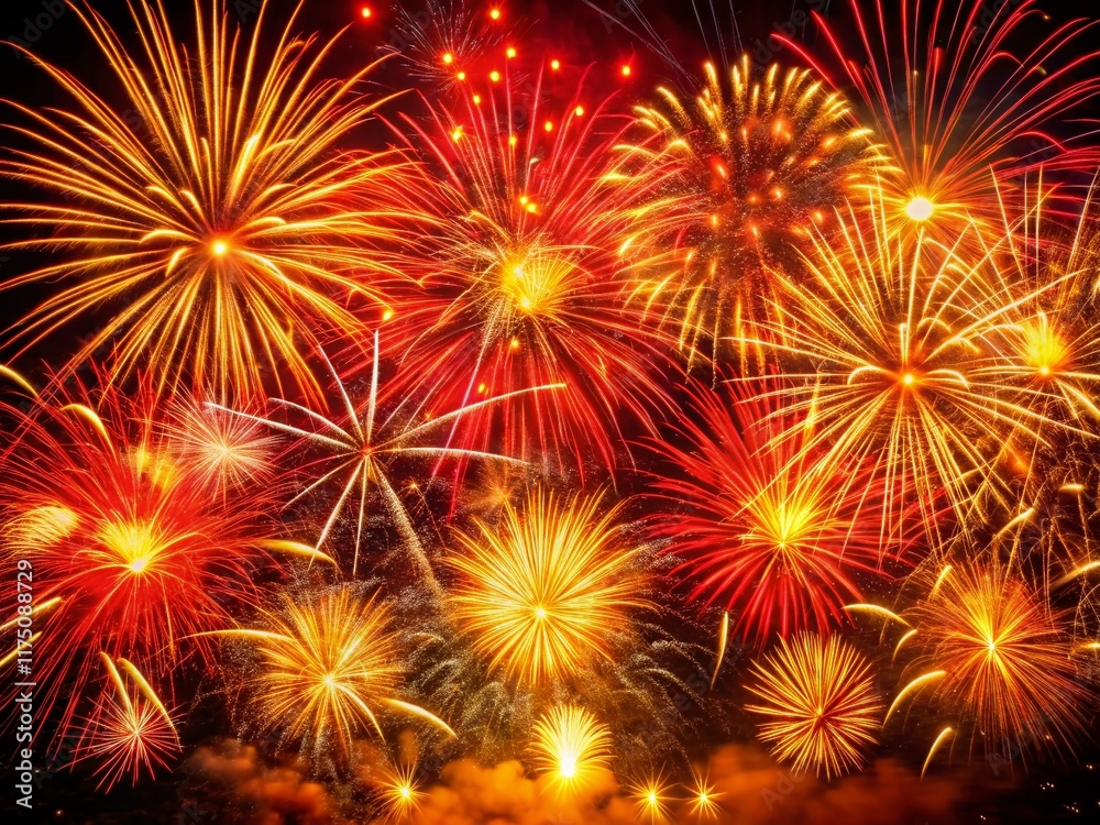 Naklejka premium Red and Gold Fireworks Burst, Festive Celebration, New Year's Eve, 4th of July, Pyrotechnics Display