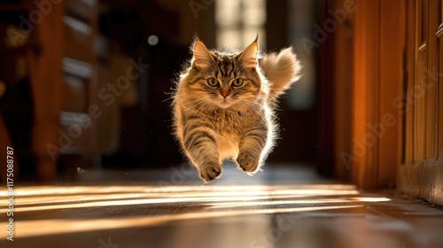 A fluffy cat racing down a hallway, its ears perked and tail high, creating a dynamic image filled with motion and the thrill of playful pursuits