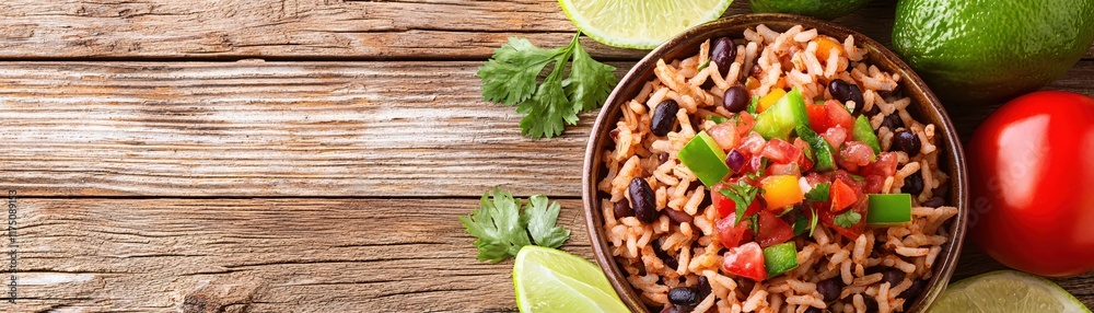 Colorful Dish of Mexican Rice with Black Beans, Fresh Vegetables and Lime on Rustic Table Colorful Dish of Mexican Rice with Black Beans, Fresh Vegetables and Lime on Rustic Table