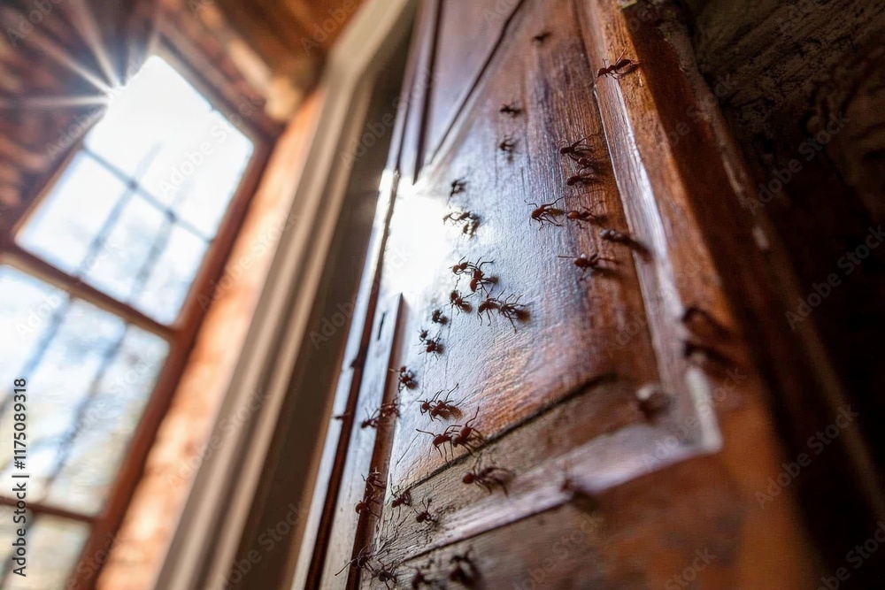 Ants making their way up a door, illuminated by sunlight, portraying their determination and cooperation as they navigate their surroundings in a bright environment. Ants making their way up a door, illuminated by sunlight, portraying their determination and cooperation as they navigate their surroundings in a bright environment.