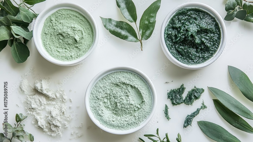 Obraz premium Top view of three bowls with natural green face masks and herbs.