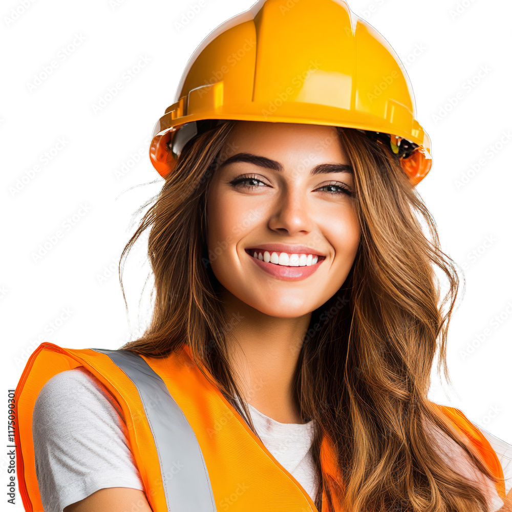 The smiling woman is wearing an orange safety vest and helmet on a transparent background. Advertising in the construction or security industry. The smiling woman is wearing an orange safety vest and helmet on a transparent background. Advertising in the construction or security industry.