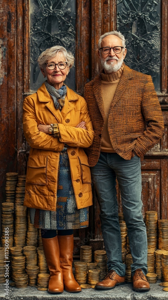 A senior couple stands confidently beside large stacks of gold coins, exuding a sense of prosperity and wisdom against a rustic, antique wooden door setting. A senior couple stands confidently beside large stacks of gold coins, exuding a sense of prosperity and wisdom against a rustic, antique wooden door setting.