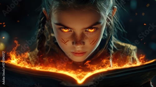 Young Girl With Fiery Eyes Reads Burning Book photo