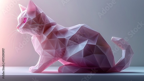 Pink polygonal cat statue, modern art, 3d render, studio light photo