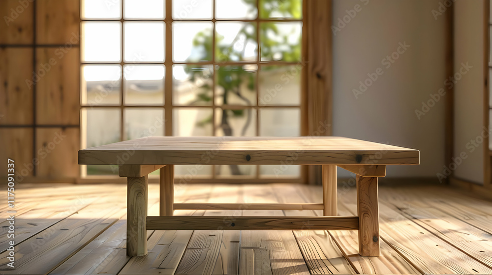 Fototapeta premium Empty wooden table for sitting in a traditional Japanese tea house