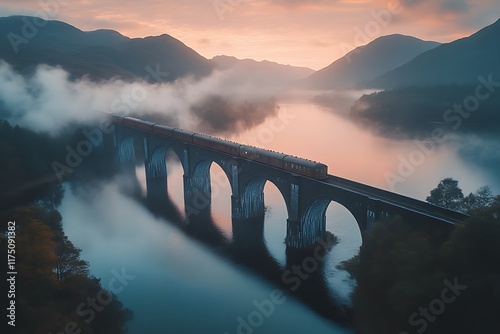 Wallpaper Mural Misty Sunrise Train Crossing: Serene Valley Vista Torontodigital.ca