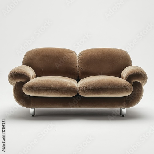 A plush brown velvet loveseat with rounded arms and modern metal legs, exuding comfort and style. photo