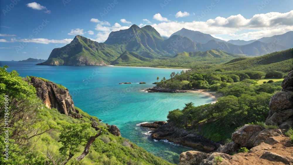 Obraz premium Tranquil Beach with Turquoise Waters, Hills, and Palm Trees V7