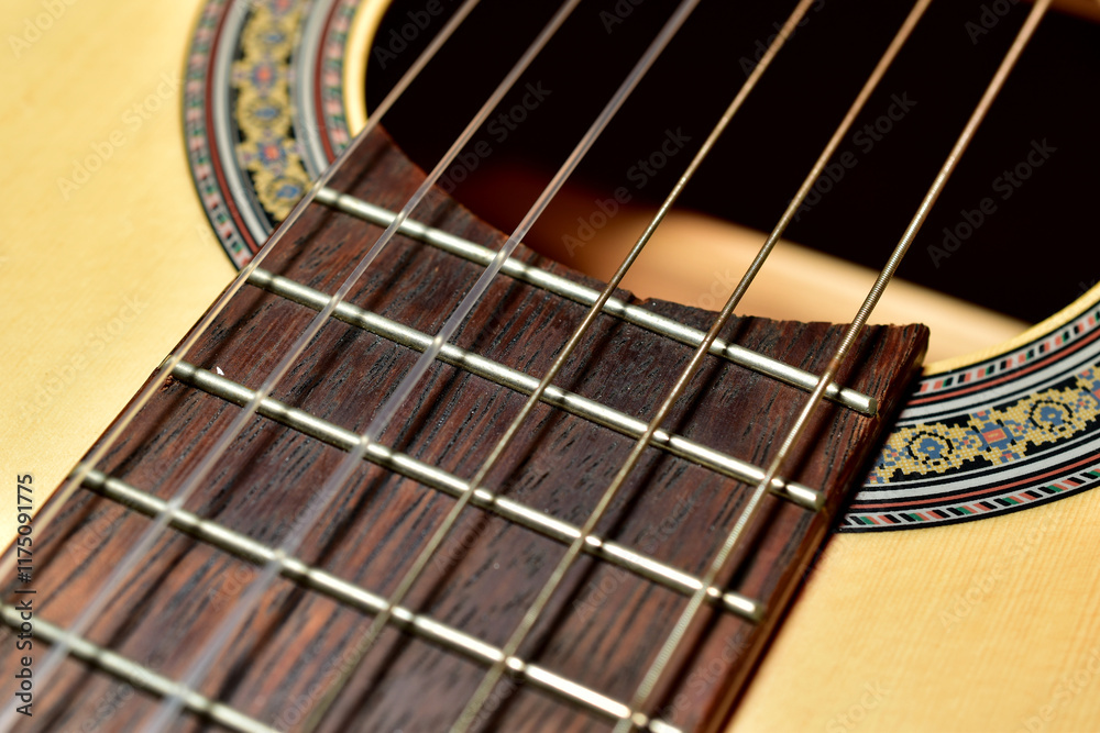 Acoustic guitar with sound hole. Close-up of strings. Acoustic guitar with sound hole. Close-up of strings.