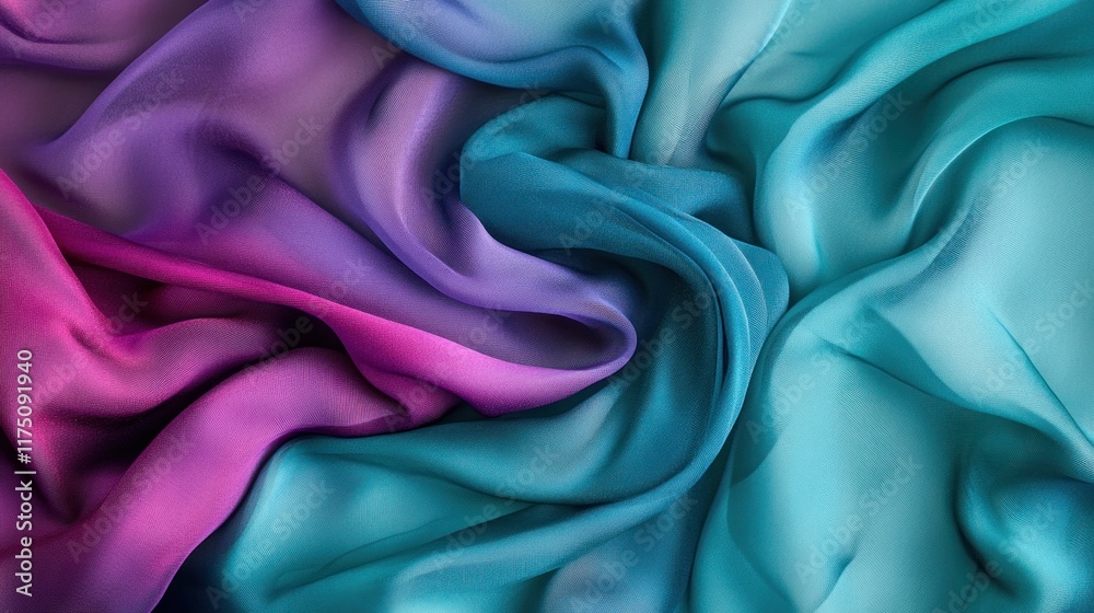 Obraz premium Beautiful satin silk fabric with blue-green-purple tones, gradient pink accents, and wavy folds, creating a luxurious backdrop for design