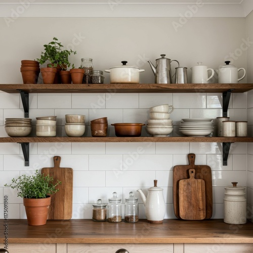 Rustic kitchen shelves, Terracotta pots, White ceramic dishes, Glass jars, Wooden cutting board, Potted herbs, Minimalist storage, Open shelving, Neutral color palette, Natural textures, Brick wall ba