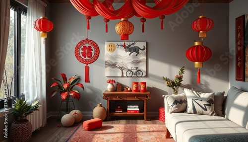 Red Chinese New Year living room with decorations