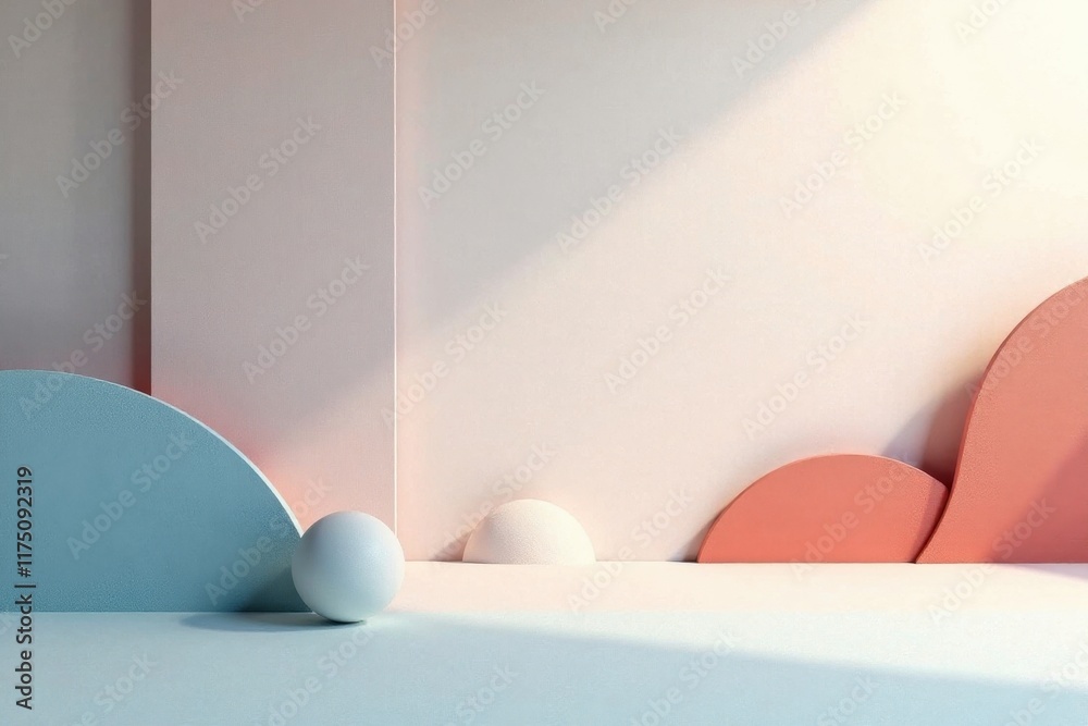 Fototapeta premium Pastel-Colored Abstract Shapes and Sphere Composition with Soft Light and Shadow Play on a Minimalist Background