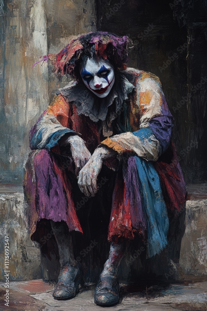 A painting of a sad clown seated depicting emotions through textured impasto style Suitable for Halloween art or emotional themes