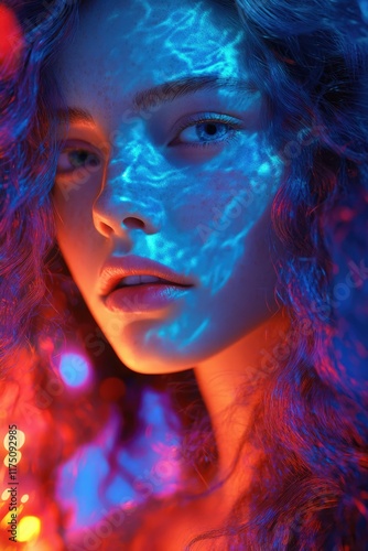Wallpaper Mural Close-up portrait of a young woman with curly hair illuminated by vibrant red and blue lights Ideal for fashion beauty or art-related projects Torontodigital.ca