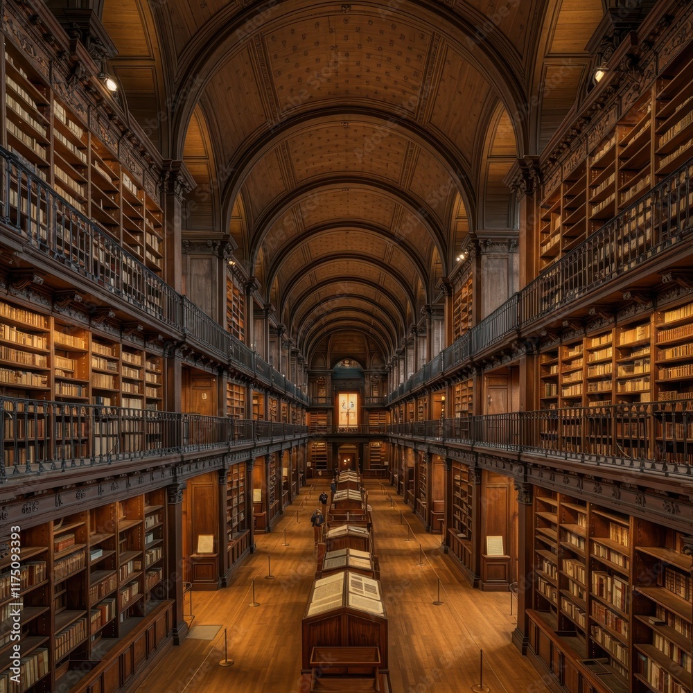 Fototapeta premium Ancient library, grand arched ceiling, long corridor, rows of bookshelves, wooden desks, warm lighting, historical ambiance, ornate architecture, symmetrical composition, sepia tones, knowledge reposi