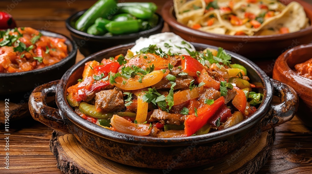 Colorful Vegetable and Meat Dish Served on Rustic Wooden Table Colorful Vegetable and Meat Dish Served on Rustic Wooden Table