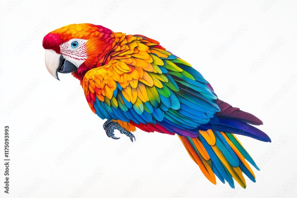 Fototapeta premium Vivid Scarlet Macaw with Intricate Feathers - A vibrant scarlet macaw, showcasing intricate feather patterns and brilliant colors, symbolizes freedom, beauty, nature's artistry, tropical paradise, and