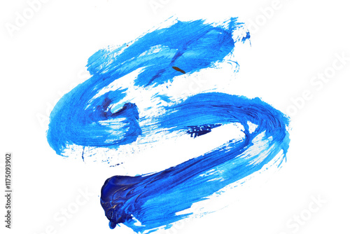 Abstract stripe applied with blue acrylic paint on white background.