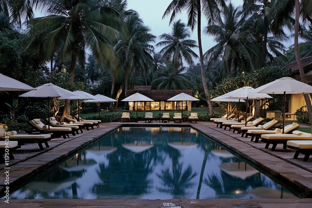 Elegant Resort Pool with Umbrellas and Chairs Framed by Coconut Palms Elegant Resort Pool with Umbrellas and Chairs Framed by Coconut Palms