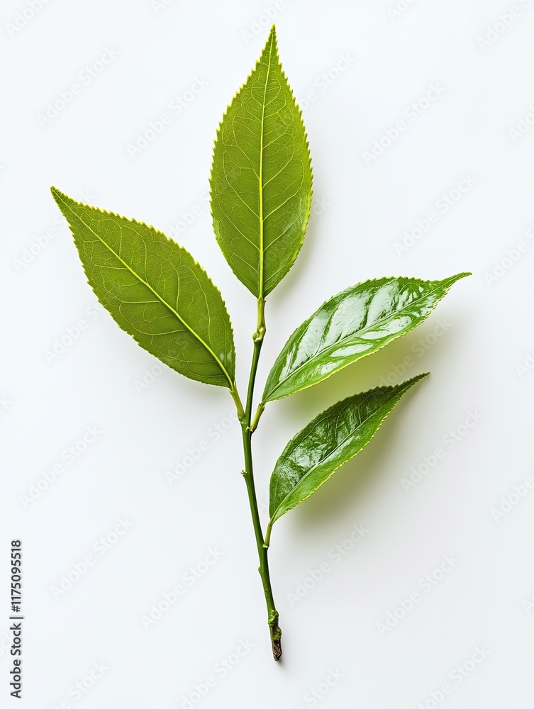 Fototapeta premium Fresh green tea leaves sprig on white.
