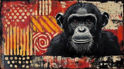 A striking chimpanzee portrait in a mixed-media abstract style ideal for art prints home decor or conservation awareness campaigns photo